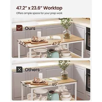 VASAGLE Kitchen Island with 3 Shelves, 47.2 Inches Width Kitchen Shelf with Large Worktop, Stable Steel Structure, Industrial, Easy to Assemble, Oak Color and White UKKI001W09