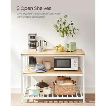 VASAGLE Kitchen Island with 3 Shelves, 47.2 Inches Width Kitchen Shelf with Large Worktop, Stable Steel Structure, Industrial, Easy to Assemble, Oak Color and White UKKI001W09