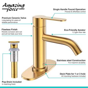 Stunning Brushed Gold Bathroom Sink Faucet with Drain
