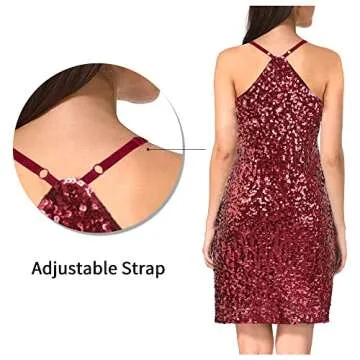MANER Women's Glitter Sequin Dress Adjustable Spaghetti Strap Sparkle Party Dresses (Burgundy, Medium)