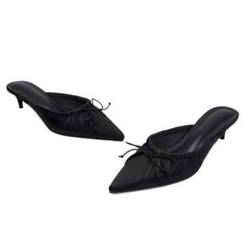 UFEDO Kitten Heel Bow Mules for Women Slip On Mules Backless Low Heel Pumps Pointed Toe Wedding Part...