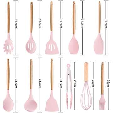 Kitchen Utensils Silicone Set with Holder Spatulas Scissors Pizza Cutter Tongs Value 29 pcs, Heat Resistant Cookware with Wooden Handle, Non-Stick Cooking Utensil Gadgets (Light Pink)