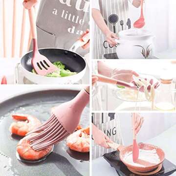Kitchen Utensils Silicone Set with Holder Spatulas Scissors Pizza Cutter Tongs Value 29 pcs, Heat Resistant Cookware with Wooden Handle, Non-Stick Cooking Utensil Gadgets (Light Pink)