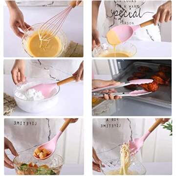 Kitchen Utensils Silicone Set with Holder Spatulas Scissors Pizza Cutter Tongs Value 29 pcs, Heat Resistant Cookware with Wooden Handle, Non-Stick Cooking Utensil Gadgets (Light Pink)