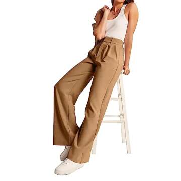 KUNMI Women's Wide Leg High Waisted Flowy Trousers Khaki