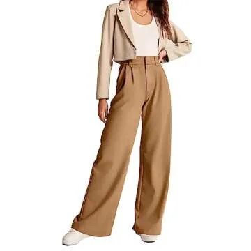 KUNMI Women's Wide Leg High Waisted Flowy Trousers Khaki