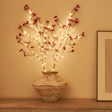 Fudios Lighted Red Berry Branches 80 LED Fairy Lights with Timer USB Plug in or Battery Operated, Ar...