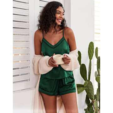 Ekouaer Satin Pajamas Women's Soft Sleepwear Lingerie Silk Cami Shorts Set Nightwear Dark Green,Medium