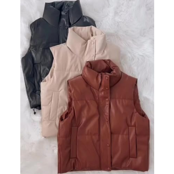 Ailoqing Women's Stylish Faux Leather Puffer Vest