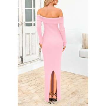 PRETTYGARDEN Women's Winter Sweater Dress Long Sleeve Off Shoulder Slit Maxi Bodycon Cocktail Party Dresses (Light Pink,Large)