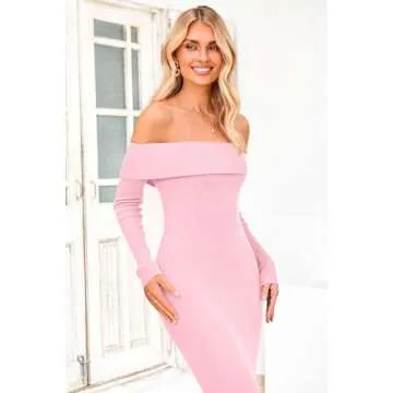 PRETTYGARDEN Women's Winter Sweater Dress Long Sleeve Off Shoulder Slit Maxi Bodycon Cocktail Party Dresses (Light Pink,Large)