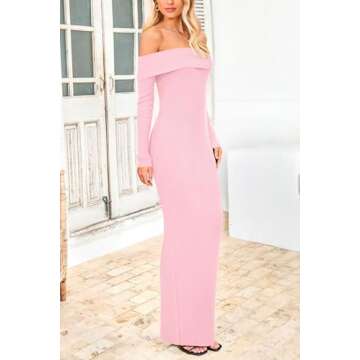 PRETTYGARDEN Women's Winter Sweater Dress Long Sleeve Off Shoulder Slit Maxi Bodycon Cocktail Party Dresses (Light Pink,Large)