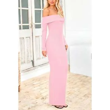 PRETTYGARDEN Women's Winter Sweater Dress Long Sleeve Off Shoulder Slit Maxi Bodycon Cocktail Party Dresses (Light Pink,Large)