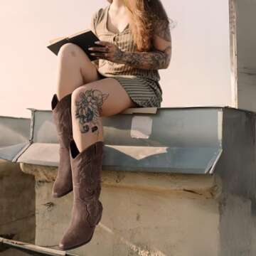 Womens Western Cowgirl Cowboy Boots Mid Calf Snip Toe Fashion Shoes Brown US 9.5