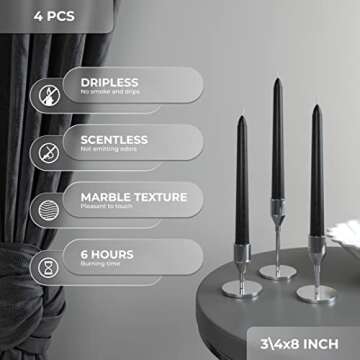 CANDWAX 8 inch Taper Candles Set of 4 - Halloween Taper Candles Unscented - Tall Candles Long Burning Perfect as Black Halloween Decorations or Dinner Candles – Coal Black Candles