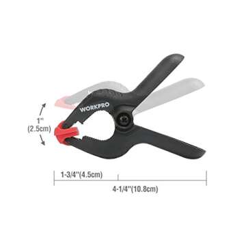 WORKPRO 20-Piece Plastic Spring Clamp Set, Jaw Open Sizes 3/4", 1", 2", 3", for Wood Working, DIY, Sembling, Photo Studio Backdrops Backgrounds, W001402A