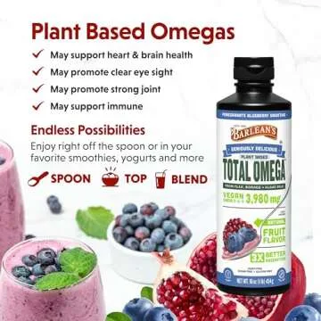 Barlean's Liquid Flaxseed, Borage and Algae Oils Omega 3 Supplement, Pomegranate Blueberry Flavor, Vegan EPA and DHA, Flax and Borage Seed Oil with 3,980 mg of Omega-3-6-9, 16 oz