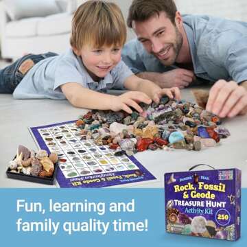 DANCING BEAR Rock, Mineral & Geodes Treasure Hunt Activity Kit (250 Pc Set) Real Shark Teeth Fossils, ID Sheet & Rock Book, STEM