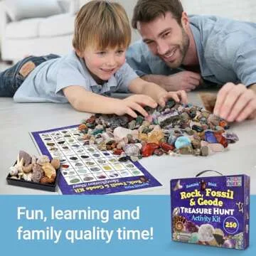 DANCING BEAR Rock, Mineral & Geodes Treasure Hunt Activity Kit (250 Pc Set) Real Shark Teeth Fossils, ID Sheet & Rock Book, STEM