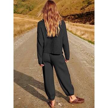 ANRABESS Women's Two Piece Outfits Long Sleeve Knit Top Fall Sweater Set Oversized Pants Tracksuit Lounge Sets Black X-Small