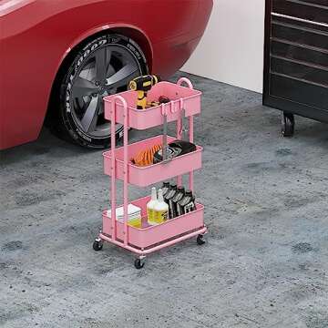 Simple Houseware Heavy Duty 3-Tier Metal Utility Rolling Cart, Pink