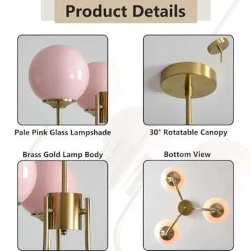 APLampara Mid Century Pink Bubble Chandelier, 3 Lights 16in Sputnik Chandeliers for Girls Room, Brass Gold Chandelier Hanging Light Fixture for Bedroom Nursery Room Dining Room Kitchen Island