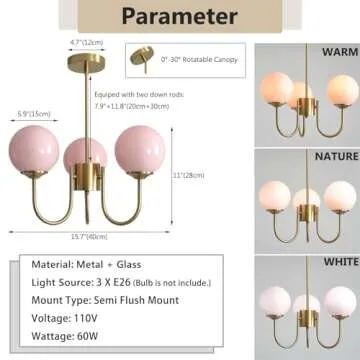 APLampara Mid Century Pink Bubble Chandelier, 3 Lights 16in Sputnik Chandeliers for Girls Room, Brass Gold Chandelier Hanging Light Fixture for Bedroom Nursery Room Dining Room Kitchen Island