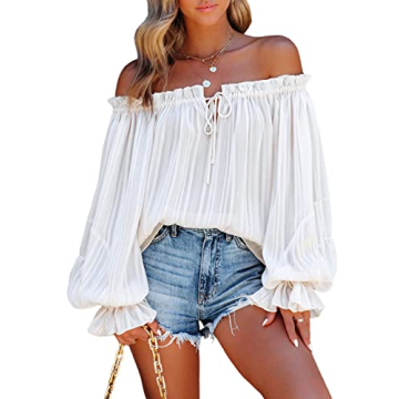 Asvivid Women's Fall Chiffon Off The Shoulder Shirts Long Sleeves Casual Striped Blouse Cute Ruffle ...