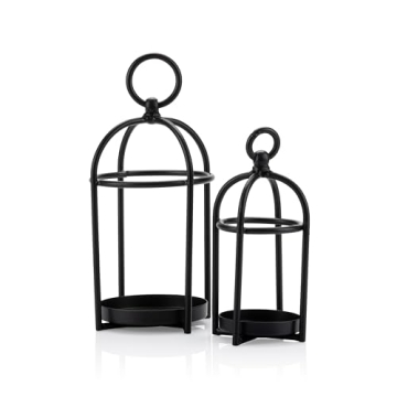 Craftsman Road Candle Lantern Décor, Set of 2 Antique Style Decorative Lanterns, Black Metal Rustic...