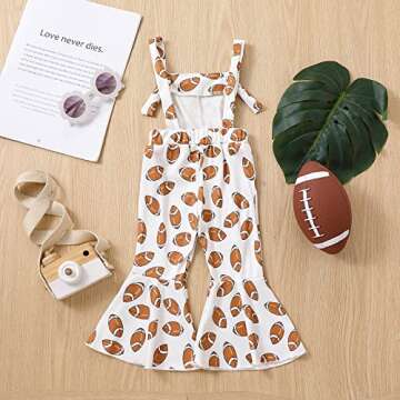 Chloefairy Toddler Baby Girl Football Outfit Bell-Bottom Jumpsuit Romper Bibs Overalls Playsuit Suspender Flare Pants Outfit (White, 6-12 Months)