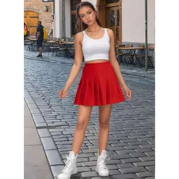 Timormode Women’s Pleated Skirt Mini Skater Basic Skirt School Cheerleader 09 Red XS