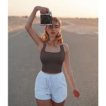 OQQ Women's 3 Piece Tank Tops Ribbed Seamless Workout Exercise Shirts 2025 Summer Basic Camis Black Tea Leaf Beige