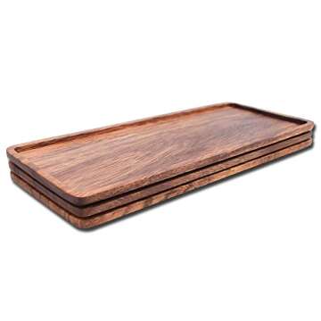 Linwnil Solid Wood Serving Platters, Set of 3Pcs 13.8in x 5.5in Trays of Natural Acacia Wood with Edge,Rectangular Avoid Sliding and Spilling Food