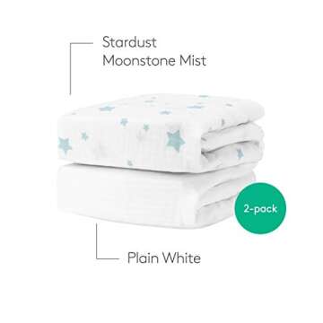 Newton Baby Organic Fitted Crib Sheets (2-Pack) - Ultra Breathable and Soft, 100% Organic Muslin Cotton, Stardust in Moonstone Mist & Solid White, Fits Standard Cribs