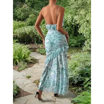 Milumia Women's Floral Print Ruffle Backless Maxi Dress