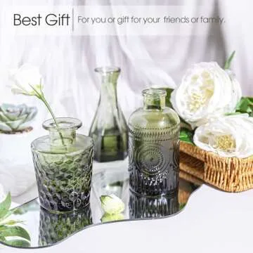 TBWIND 12pcs Green Glass Bud Vases Set, Small Vases for Flowers, Bud Vase for Centerpieces in Bulk, Mini Vintage Vase for Wedding Decorations, Office and Home Table Flower Décor