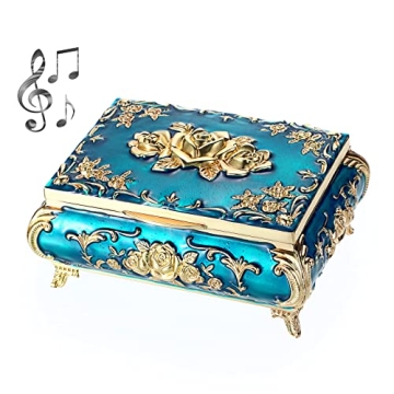 ELLDOO Vintage Music Box - Blue Metal Musical Jewelry Keepsake