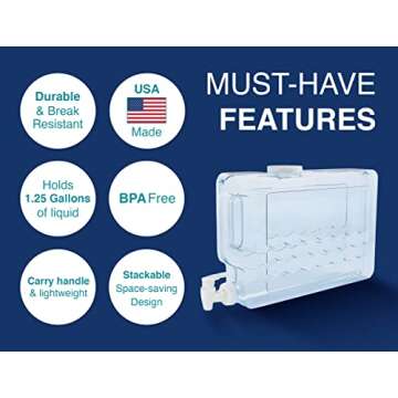 Arrow Home Products Slimline Drink Dispenser for Fridge, 1.25 Gallons - Plastic Beverage Dispenser with Spigot for Easy Dispensing - USA Made, BPA Free Plastic - Convenient Handle, Easy-Pour Spout