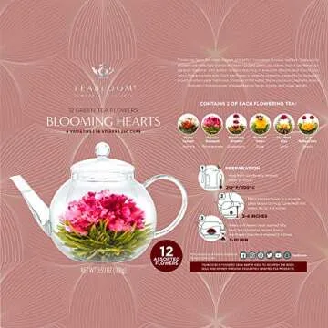 Teabloom Heart-Shaped Flowering Teas – 12 Assorted Blooming Tea Flowers – Green Tea + Jasmine, Pomegranate, Strawberry, Rose, Litchi & Peach