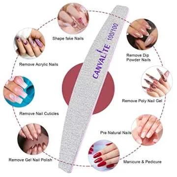 Canvalite 12pcs 100 Grit Nail Files for Acrylic Nails Emery Board Nail Styling Tools for Home and Salon Use