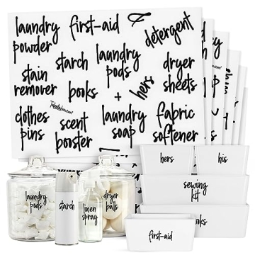 Talented Kitchen 141 Laundry Labels for Jars, Containers - Preprinted Black Script Stickers for Line...