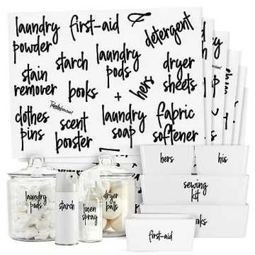 Talented Kitchen 141 Laundry Labels for Jars, Containers - Preprinted Black Script Stickers for Line...