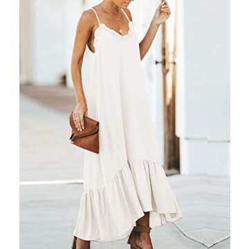 YESNO Women Long Maxi Spaghetti Cami Dress High-Low Flowy Flounced Hem Sexy Trimmed V Neck Plain Beach Cover Up R01