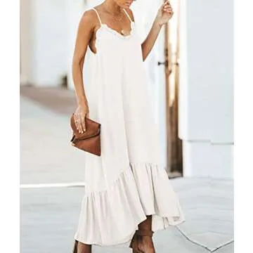 YESNO Women Long Maxi Spaghetti Cami Dress High-Low Flowy Flounced Hem Sexy Trimmed V Neck Plain Beach Cover Up R01