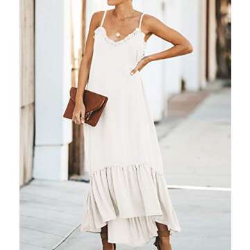 YESNO Women Long Maxi Spaghetti Cami Dress High-Low Flowy Flounced Hem Sexy Trimmed V Neck Plain Beach Cover Up R01