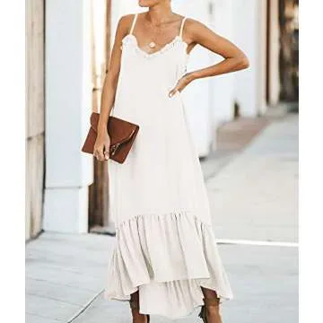 YESNO Women Long Maxi Spaghetti Cami Dress High-Low Flowy Flounced Hem Sexy Trimmed V Neck Plain Beach Cover Up R01