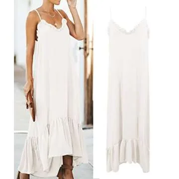YESNO Women Long Maxi Spaghetti Cami Dress High-Low Flowy Flounced Hem Sexy Trimmed V Neck Plain Beach Cover Up R01