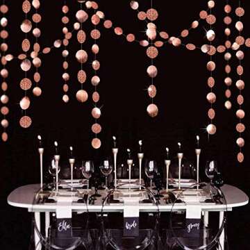 Decor365 Glitter Rose Gold Circle Dots Garland Party Decorations Paper Polka Dots Hanging Streamer String Bunting Banner Backdrop Background Decor Wedding Birthday Anniversary Engagement Christmas