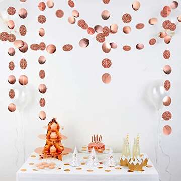 Decor365 Glitter Rose Gold Circle Dots Garland Party Decorations Paper Polka Dots Hanging Streamer String Bunting Banner Backdrop Background Decor Wedding Birthday Anniversary Engagement Christmas