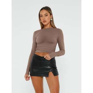 AUTOMET Womens Long Sleeve Shirt Basic Crop Tops Fall Fashion Underscrubs Layer Slim Fit Winter Clothes Black White Coffee Gray M